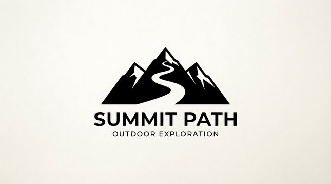 Black mountain summit path logo icon with a winding road leading to the peak for outdoor exploration and adventure