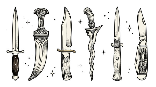 Vintage Knives Collection Hand Drawn Illustration Vector