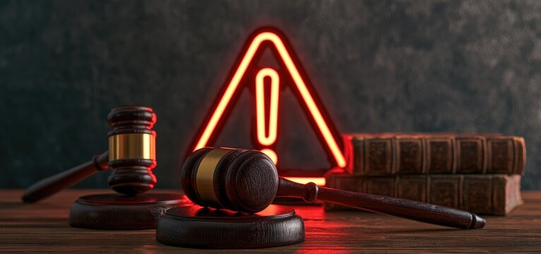 Legal gavel with glowing red warning symbol on dark background.