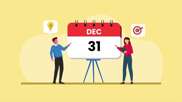Planning annual objectives before new year. End-year Strategies concept. Full length Icon animation illustration. High quality&nbsp;4k&nbsp;footage