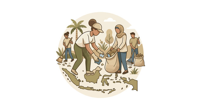 Volunteers cleaning land area near regional map.
