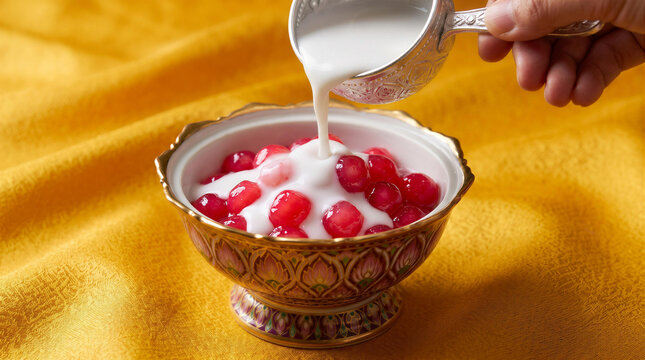 Hand pouring coconut milk onto Tub Tim Krob, traditional Thai sweet water chestnut dessert in bowl.