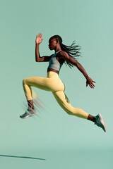 Fototapeta premium Athletic woman leaping in mint studio with yellow leggings and flowing hair for fitness poster, activewear banner and energetic sports background design