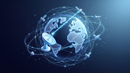 Fototapeta premium 3D satellite dish and telecommunication tower on glass platform with glowing orbital network rings, global satellite connectivity concept illustration