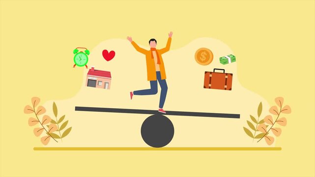 Achieving harmony through balanced daily priorities. Work life balance concept. Full length Icon animation illustration. High quality&nbsp;4k&nbsp;footage