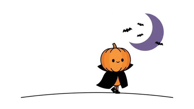Cute Pumpkin Vampire Character (Cucurbita pepo) Walking Under Crescent Moon with Flying Bats for Halloween