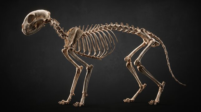 Complete feline skeleton profile on dark background