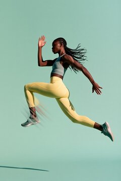 Athletic woman leaping in mint studio with yellow leggings and flowing hair for fitness poster, activewear banner and energetic sports background design