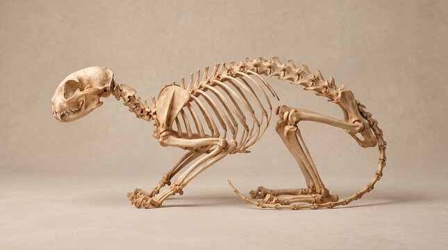 Side view of a complete feline cat skeleton on neutral background
