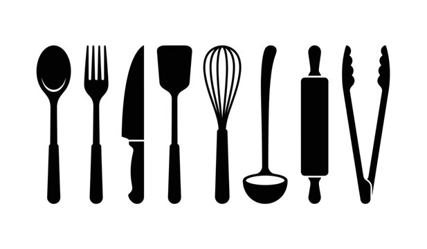 Kitchen cooking utensils icons set featuring spoon fork knife spatula whisk ladle rolling pin tongs