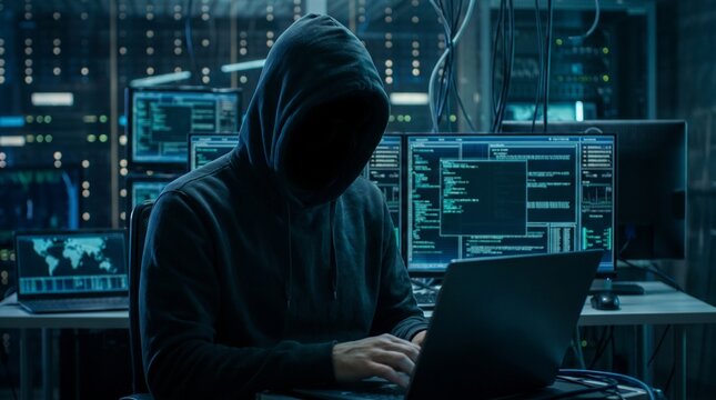 Hooded hacker typing on laptop in dark room with multiple computer screens displaying code, cybersecurity breach and cybercrime concept photo