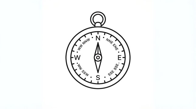 Black and white line art illustration of a vintage nautical compass showing cardinal directions for navigation