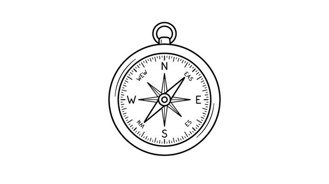 A simple black and white line art drawing of a classic vintage navigation compass for travel and exploration
