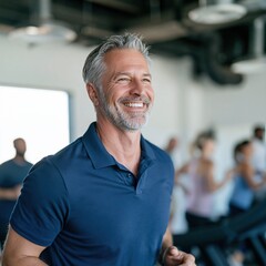 Fototapeta premium Smiling man running on a treadmill in a busy gym for fitness and wellness background suitable for training and lifestyle banners