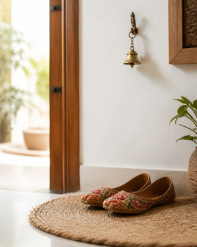 Colorful embroidered jutti shoes on jute mat with brass bell, entryway decor concept
