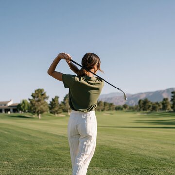 Woman completing golf swing on expansive course with clear sky for sports banner and outdoor activity background
