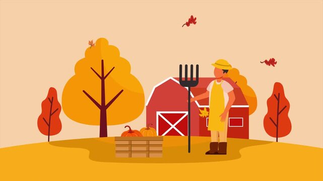 Countryside harvest festival with autumn scenery. Autumn Cozy life, Farming, Oktober fest concept. Full length Icon animation illustration. High quality&nbsp;4k&nbsp;footage