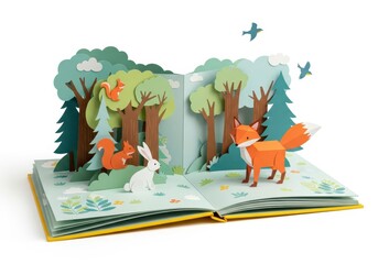 Naklejka premium 3D Pop-Up Book Illustration of a Forest Scene with Fox, Rabbit, and Squirrels in a Paper Craft Style