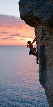 Female rock climber scaling a steep seaside cliff at sunset for adventure background and outdoor sports banner design
