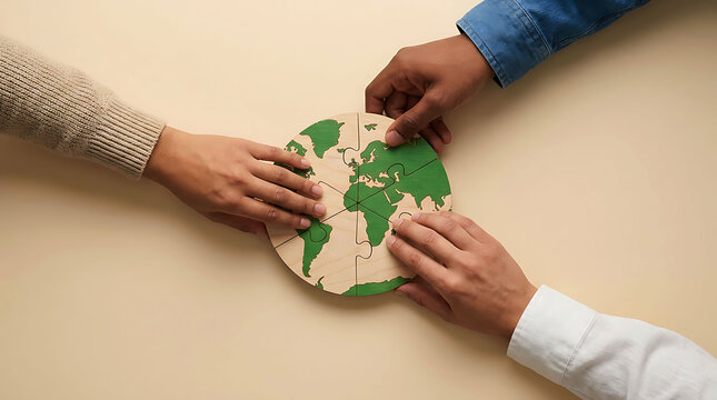 Diverse hands assembling wooden world map puzzle for global unity
