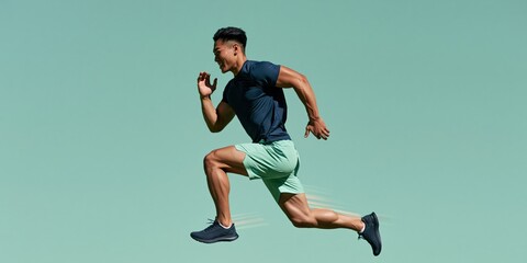 Obraz premium Male runner airborne in full stride on mint background for sports advertising banner and training wallpaper