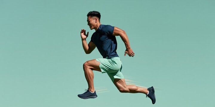 Male runner airborne in full stride on mint background for sports advertising banner and training wallpaper