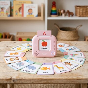 Educational card reader toy sits surrounded by colorful alphabet flashcards on a wooden table indoors.