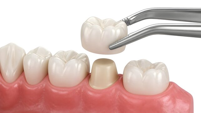 High-resolution 3D render of restorative dentistry showing forceps placing a porcelain crown on a prepared tooth with natural gums under bright clinical lighting.