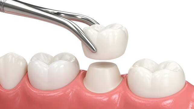 High-resolution 3D render of restorative dentistry showing forceps placing a porcelain crown on a prepared tooth with natural gums under bright clinical lighting.