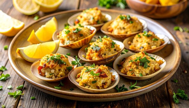 Photorealistic New England Baked Stuffed Clams, large clam shells filled with a golden savory stuffing made with breadcrumbs, chopped clams