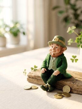 Leprechaun figurine sitting on log with coins for St. Patrick's Day  