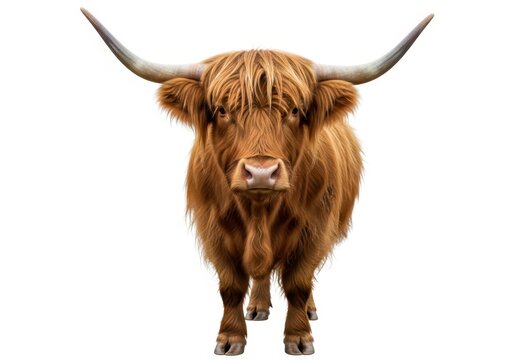 Scottish Highland Cow with Long Horns Isolated on White Background - Majestic Red Highland Cattle Portrait