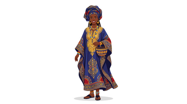 West African woman in blue boubou and headwrap.
