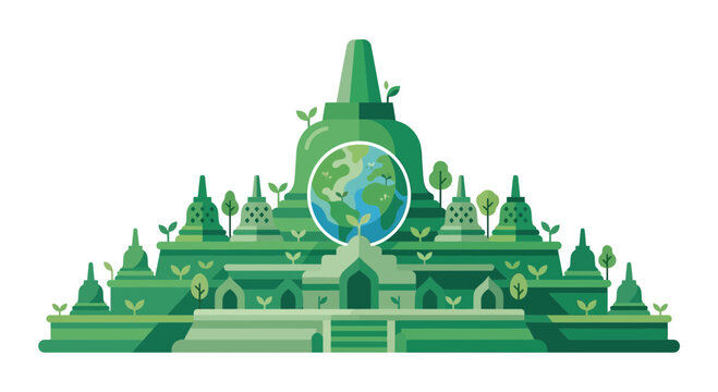 Wide Borobudur temple architecture with central earth globe