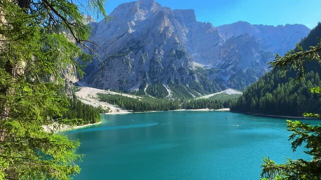 Mountain lake landscape scene, Lago di Braies, Dolomites Alps