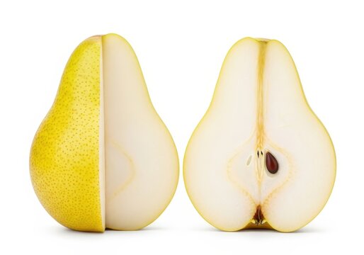 Fresh Ripe Yellow Pears Whole and Sliced Half Isolated on White Background