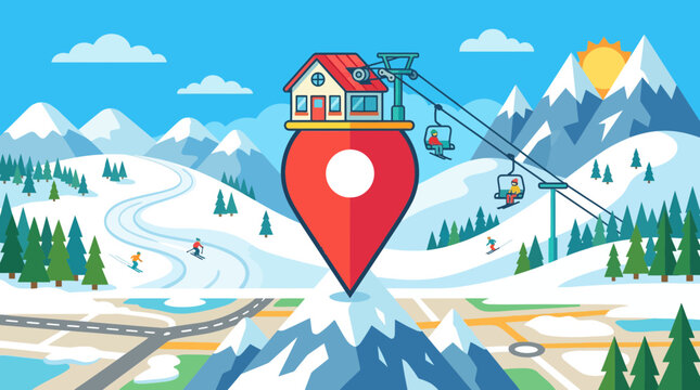 Winter mountain map with ski resort location pin.