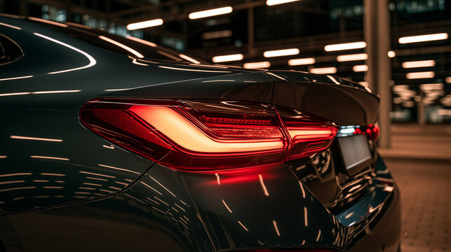Dark car rear section featuring bright red glowing taillights in a lit garage. Excellent for auto industry concepts.