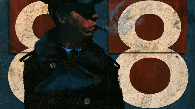 Artistic portrait of a police officer smoking a cigar with the number eighty-eight painted on the background. Great.