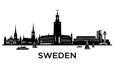 Fototapeta premium Black and white silhouette of the stockholm city skyline featuring the iconic city hall tower in sweden