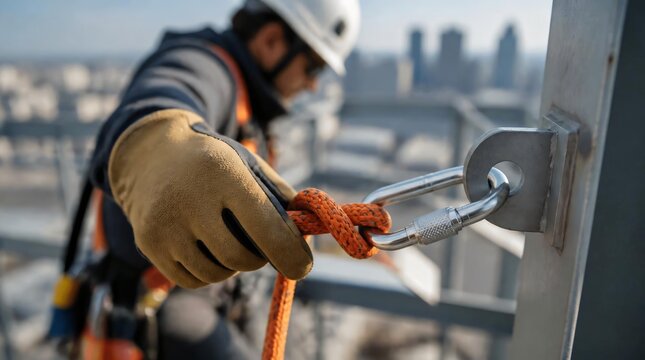 Close up of worker tying rescue rope knot to metal carabiner attached to structural anchor point on building roof.