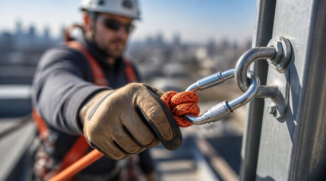 Close up of worker tying rescue rope knot to metal carabiner attached to structural anchor point on building roof.