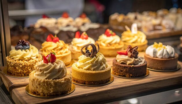 Assorted mini dessert tarts with cream and fruit toppings displayed in a gourmet bakery shop showcase