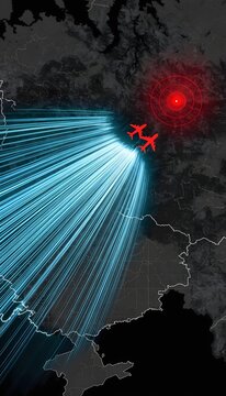 Digital tactical map showing two red airplane silhouettes and cyan flight path trails heading towards a glowing red target icon on a dark futuristic terrain background.