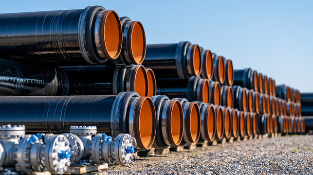 Long row of giant steel oil pipes stored at an industrial pipeline depot, pipe sections stacked safely on supports, large valves and fittings arranged nearby, bright summer sky, realistic logistics 