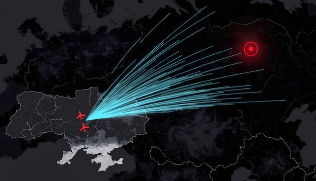 Digital tactical map showing two red airplane silhouettes and cyan flight path trails heading towards a glowing red target icon on a dark futuristic terrain background.