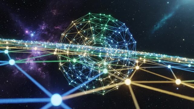 Futuristic abstract digital network design floating in space with connection nodes and particle lines