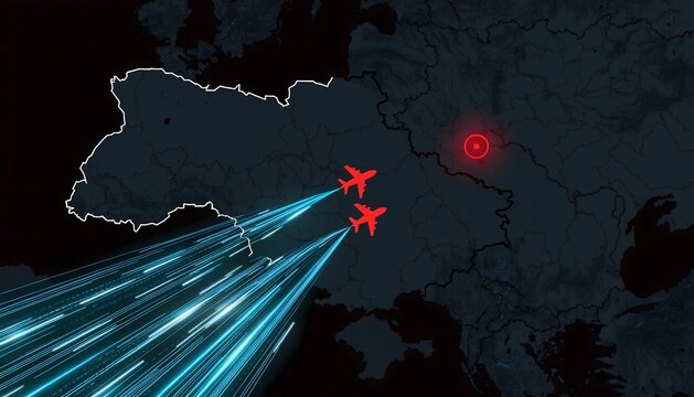 Digital tactical map showing two red airplane silhouettes and cyan flight path trails heading towards a glowing red target icon on a dark futuristic terrain background.