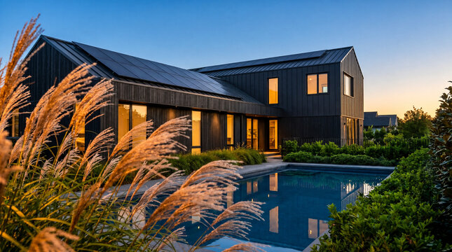 Modern black exterior residential home featuring solar panels beside a calm backyard swimming pool with illuminated warm interior interior lights