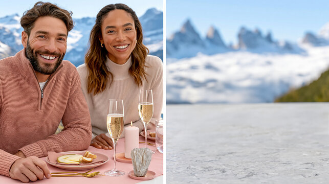 Paar st&ouml;&szlig;t mit Champagner an gedecktem Tisch vor Berglandschaft an